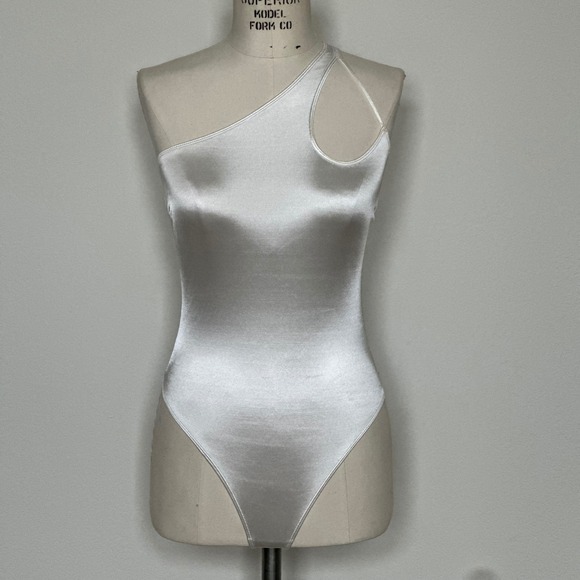 Out From Under Tops - Out From Under Satin One Shoulder Cutout Bodysuit White Small